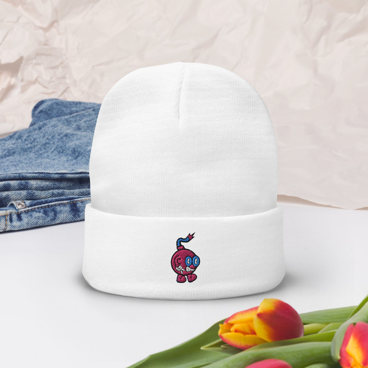 Embroidered Boom Bomb Beanie White