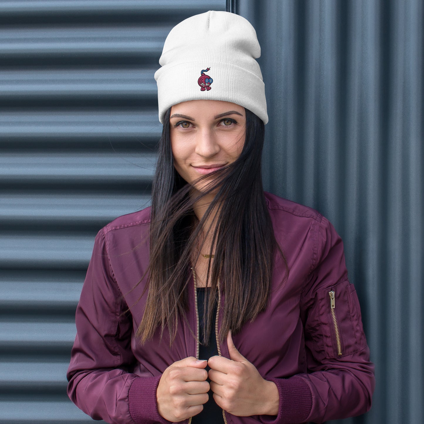 Embroidered Boom Bomb Beanie White